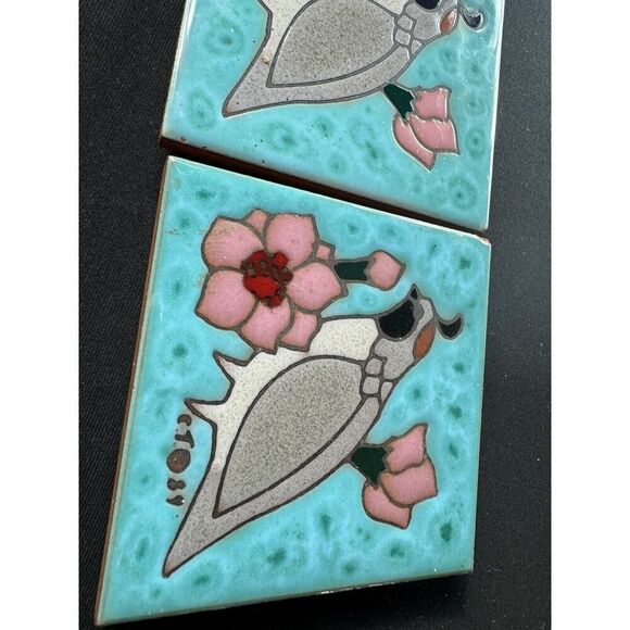 Vintage Cleo Teissedre Ceramic Quail Southwest Hand Painted Tile Trivet Set Rare - Picture 2 of 5